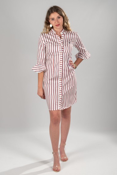 VESTIDO CAMISERO DE MUJER ESTAMPADO DE RAYAS ROJAS Y AZULES