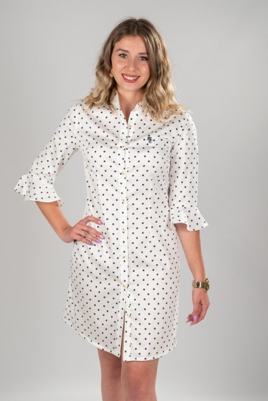 VESTIDO CAMISERO DE MUJER BLANCO CON LUNARES AZULES