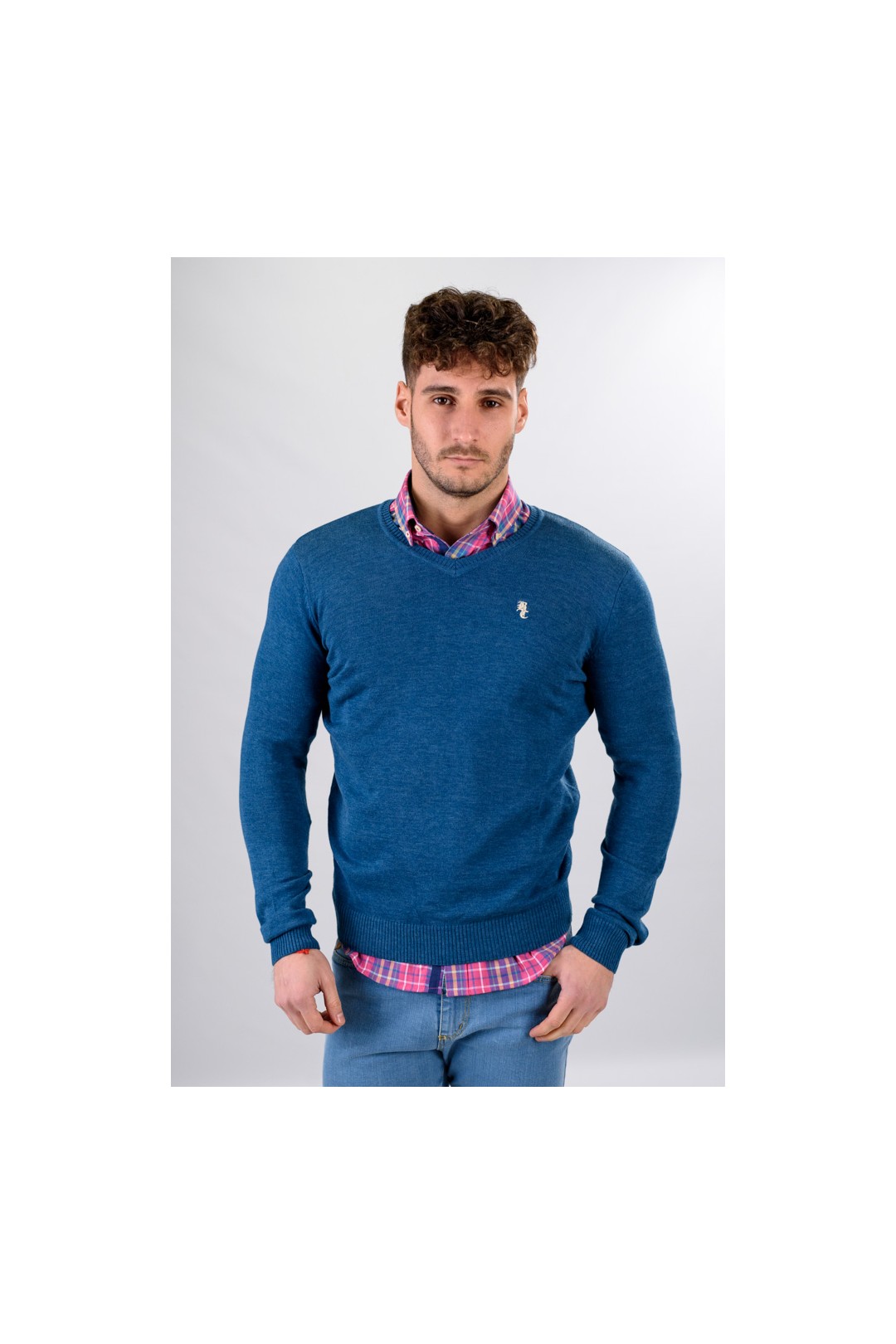 PULL-OVER À COL EN V BLEU
