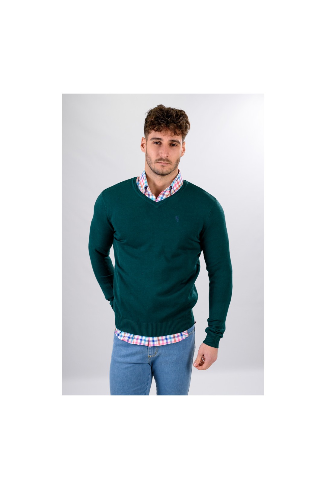 PULL-OVER À COL EN V VERT BOUTEILLE