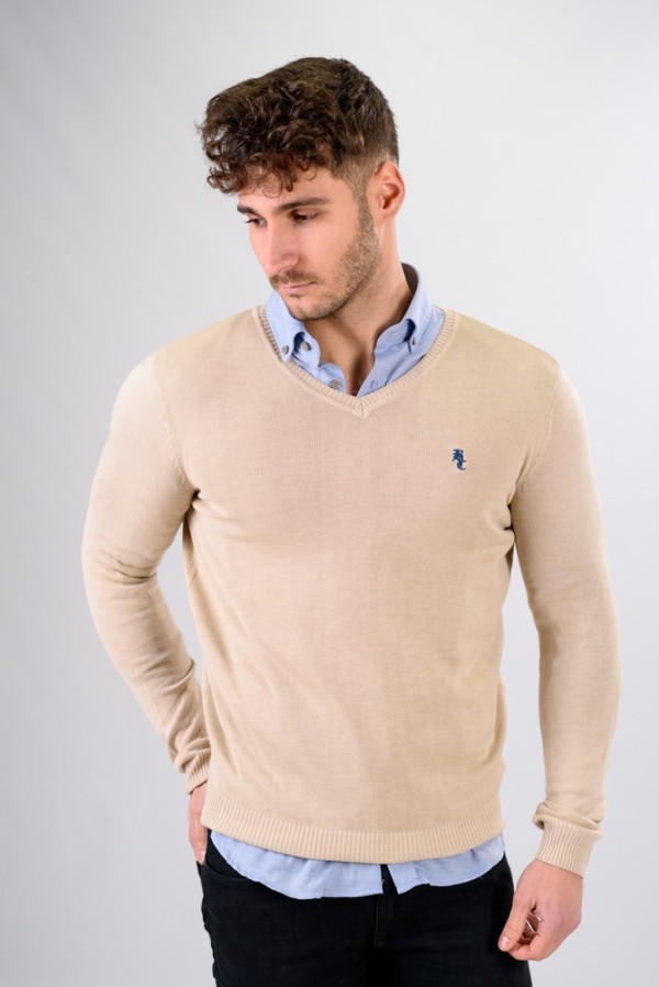 PULL-OVER À COL EN V SABLE