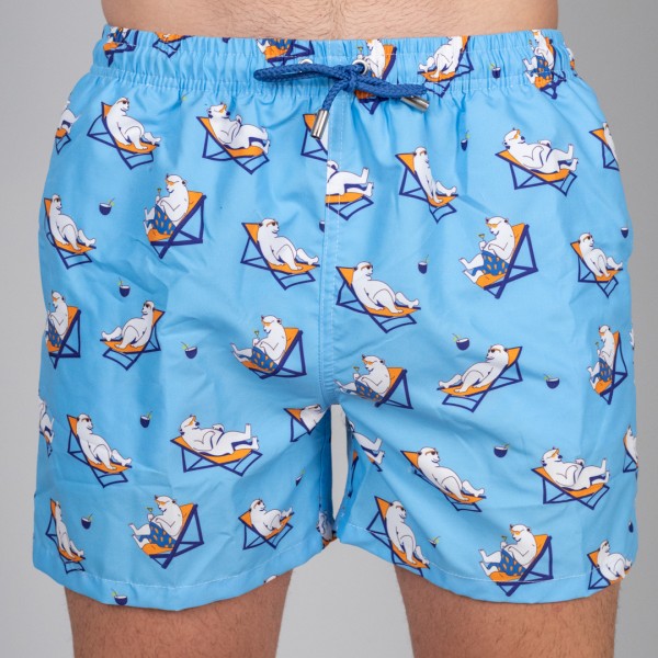 Bañador de hombre con dibujos divertidos de osos disfrutando al sol.