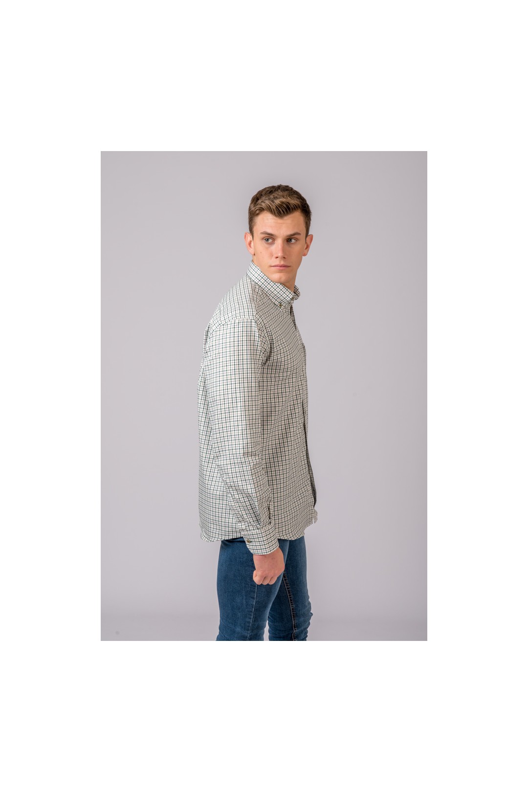 CHEMISE À CARREAUX BRUNS ET VERTS