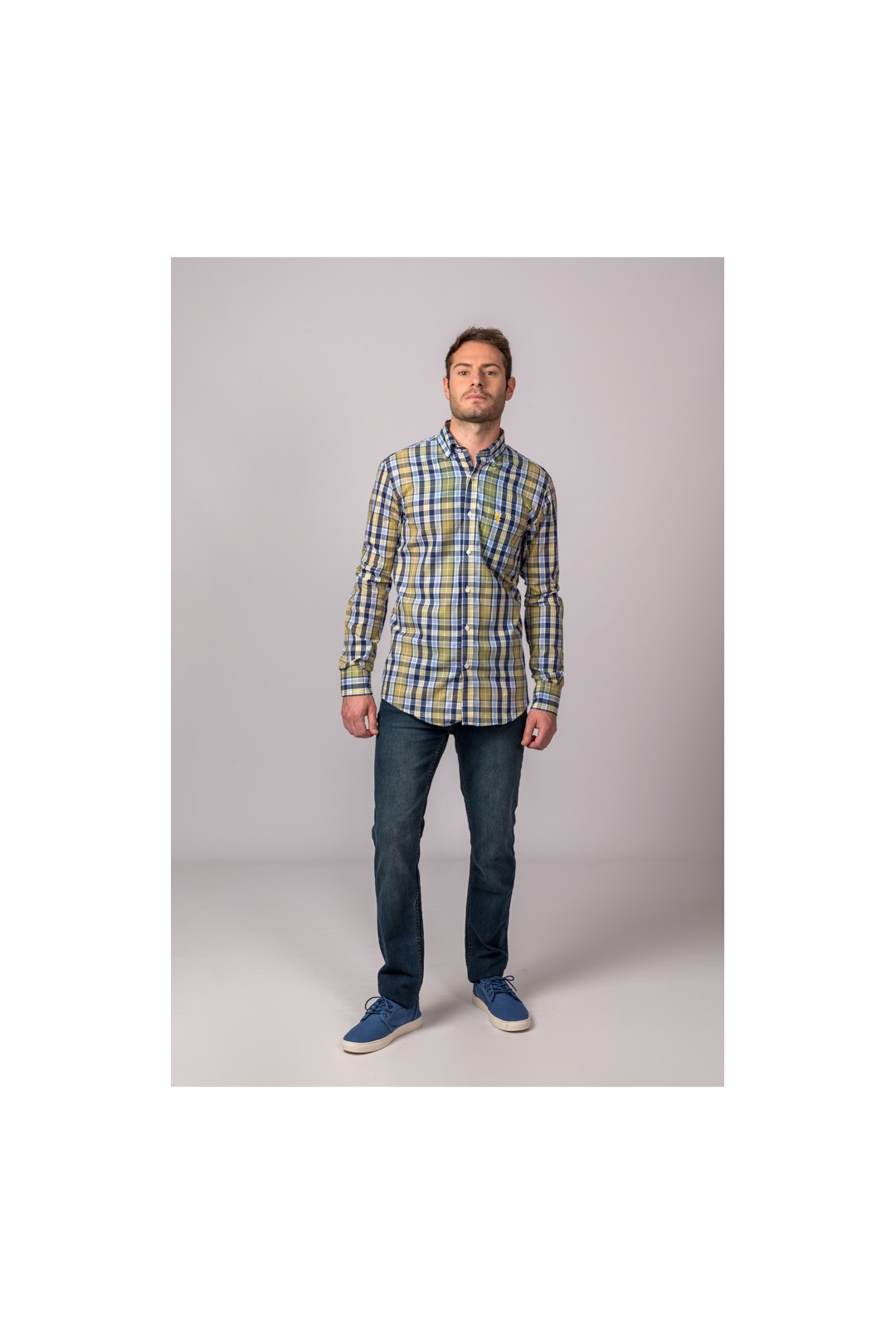 CAMISA CUADROS CELESTE, MARINO Y MOSTAZA