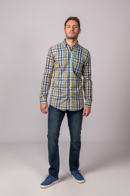 CAMISA CUADROS CELESTE, MARINO Y MOSTAZA