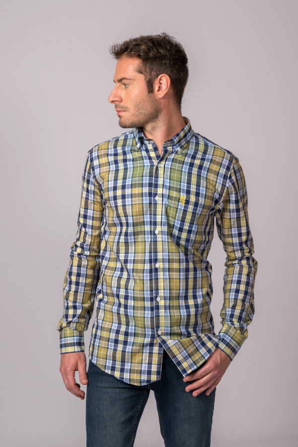 CHEMISE À CARREAUX BLEU CLAIR, MARINE ET MOUTARDE 2