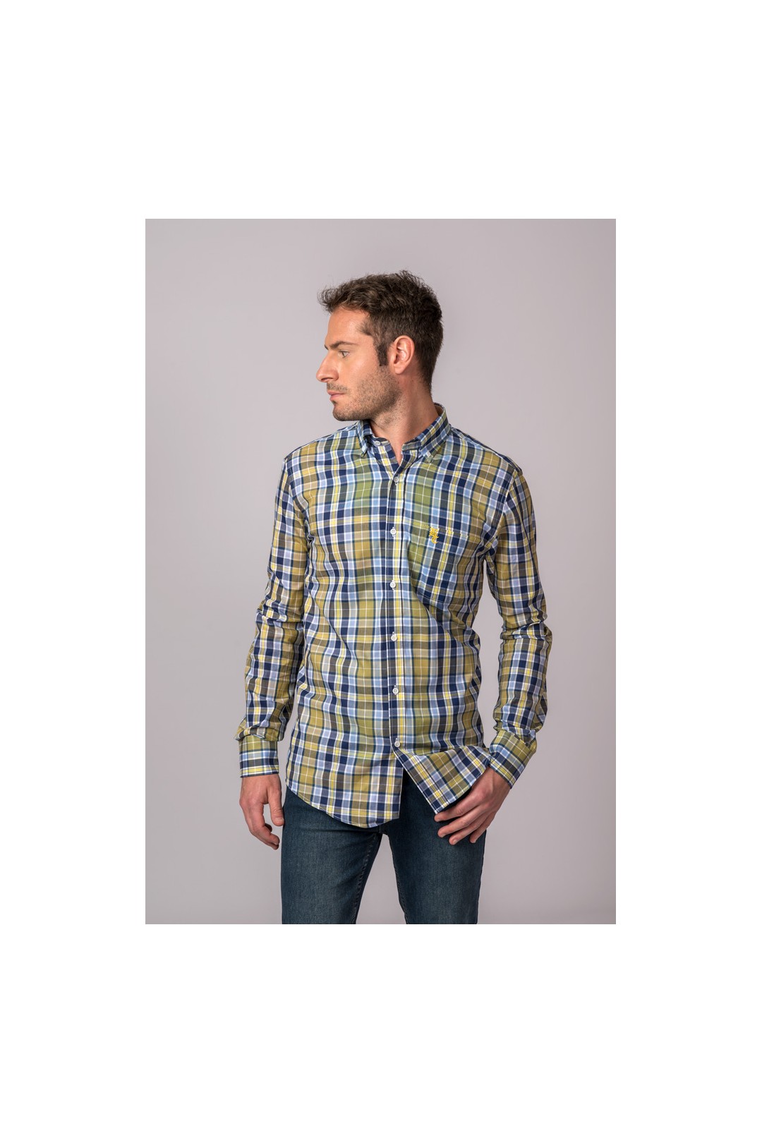 CHEMISE À CARREAUX BLEU CLAIR, MARINE ET MOUTARDE