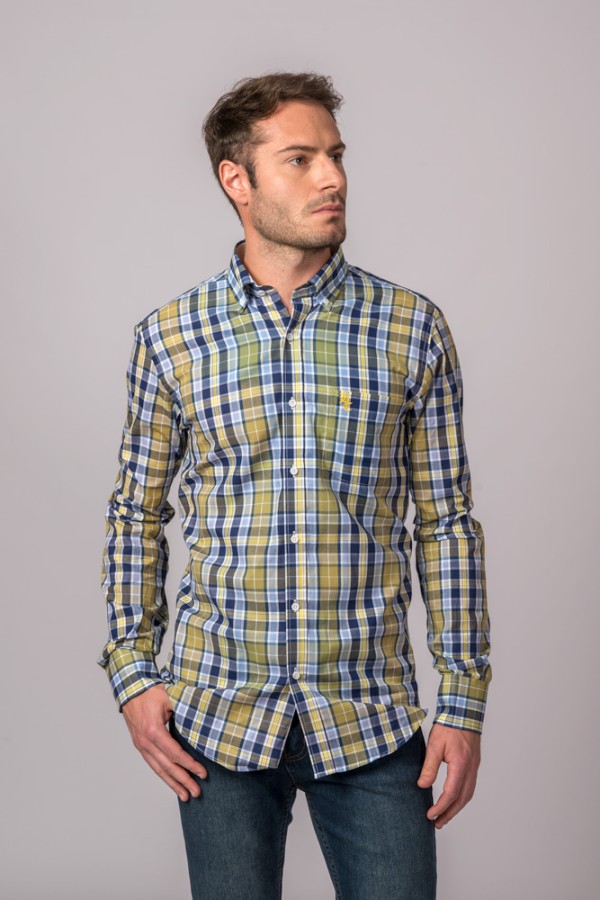 CHEMISE À CARREAUX BLEU CLAIR, MARINE ET MOUTARDE