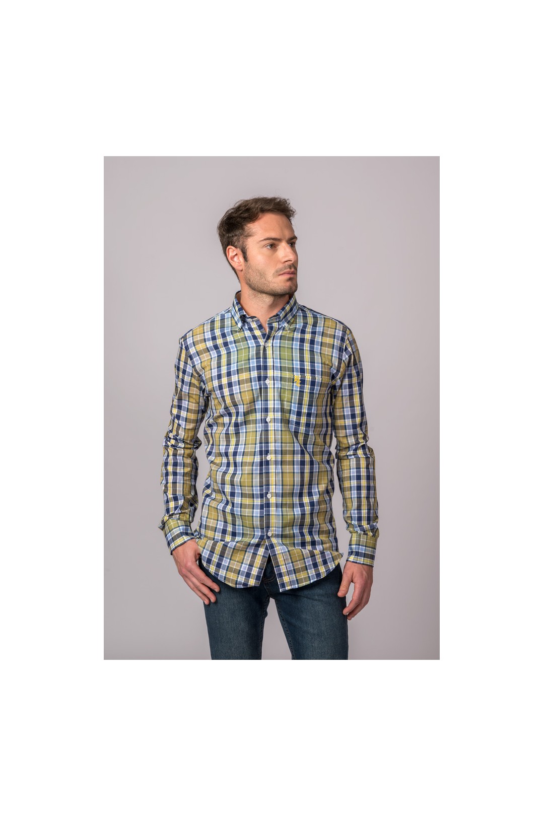 CAMISA CUADROS CELESTE, MARINO Y MOSTAZA