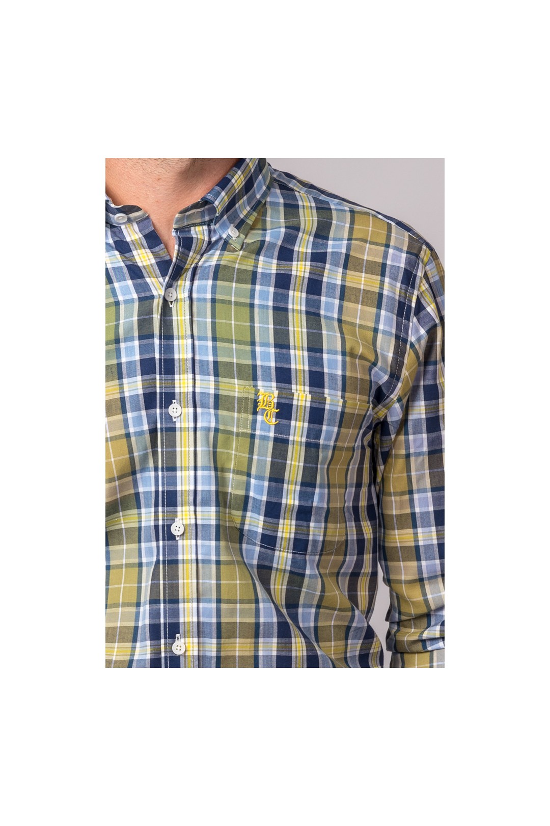 CAMISA CUADROS CELESTE, MARINO Y MOSTAZA