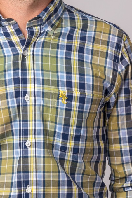CAMISA CUADROS CELESTE, MARINO Y MOSTAZA