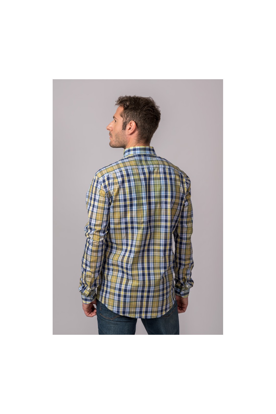 CAMISA CUADROS CELESTE, MARINO Y MOSTAZA