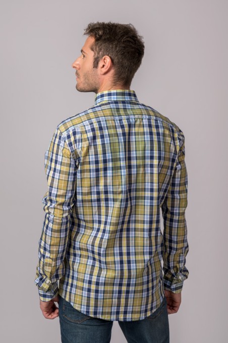 CHEMISE À CARREAUX BLEU CLAIR, MARINE ET MOUTARDE