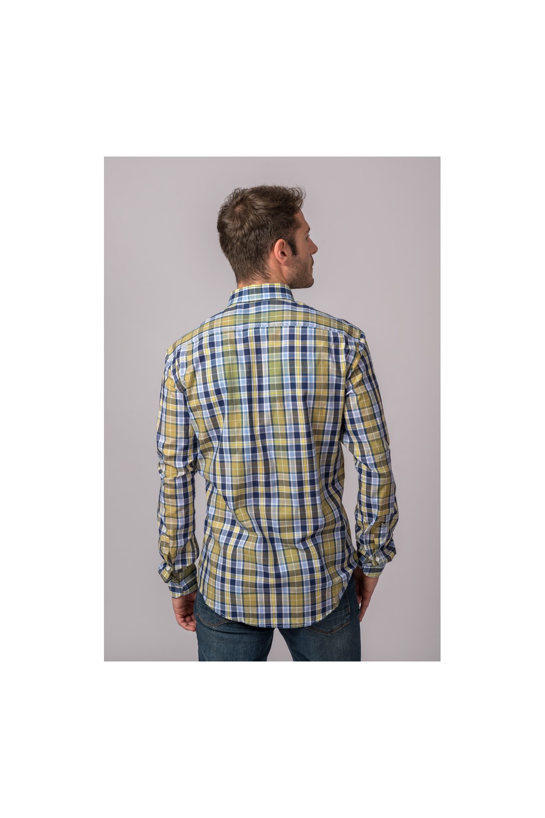 CHEMISE À CARREAUX BLEU CLAIR, MARINE ET MOUTARDE