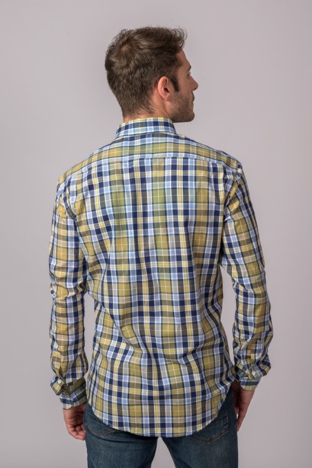 CHEMISE À CARREAUX BLEU CLAIR, MARINE ET MOUTARDE
