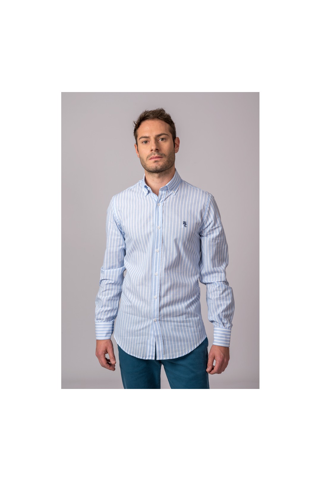 CAMISA RAYAS CELESTE Y BLANCO
