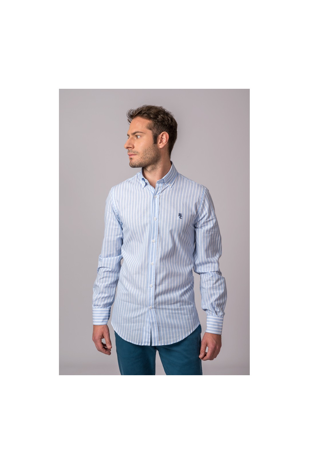CAMISA RAYAS CELESTE Y BLANCO