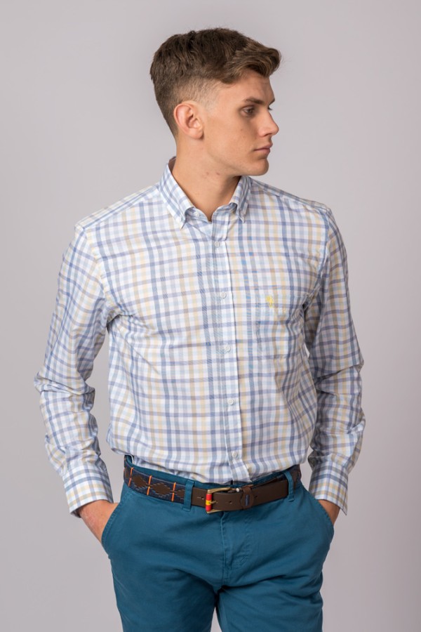 CHEMISE À CARREAUX BLEU CLAIR, GRIS, JAUNE ET BLEU