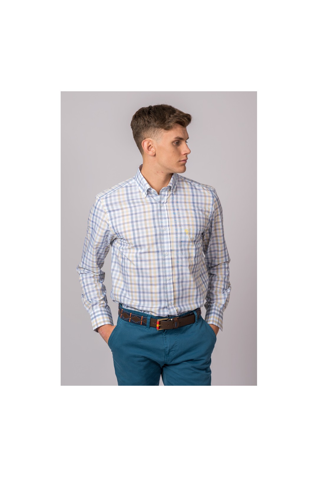 CHEMISE À CARREAUX BLEU CLAIR, GRIS, JAUNE ET BLEU