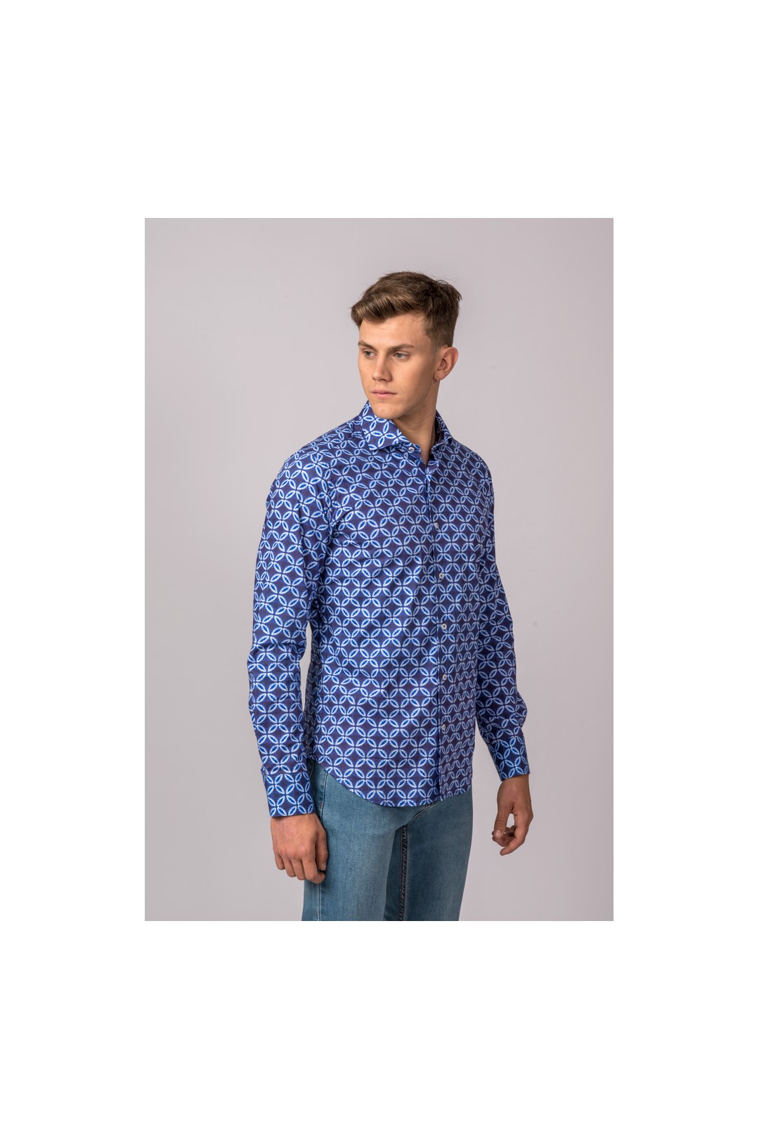 CAMISA FLOR MARINO, CELESTE Y BLANCO