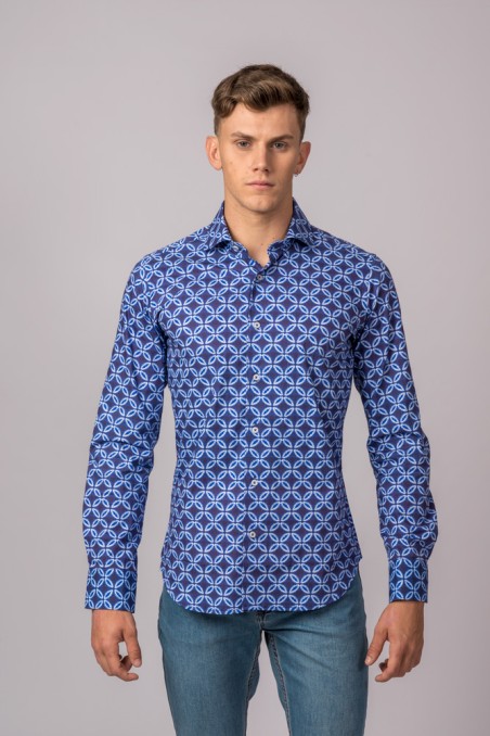 CAMISA FLOR MARINO, CELESTE Y BLANCO