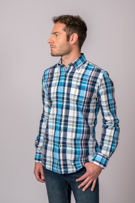 CAMISA CUADROS MARINO, CELESTE Y BLANCO