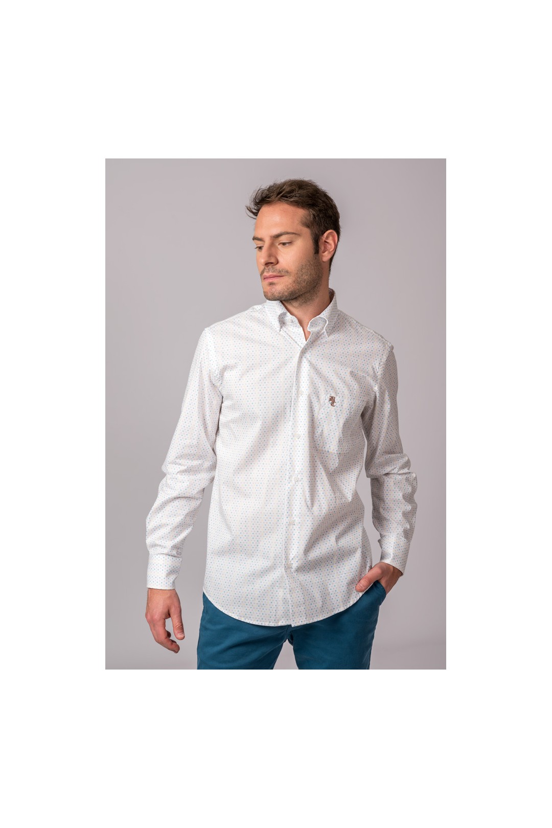 CAMISA PUNTOS BLANCO, AMARILLO, GRIS Y TURQUESA