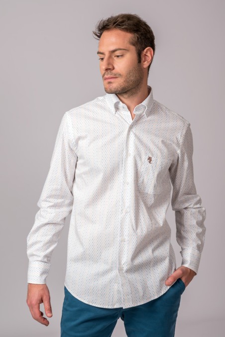 CAMISA PUNTOS BLANCO, AMARILLO, GRIS Y TURQUESA