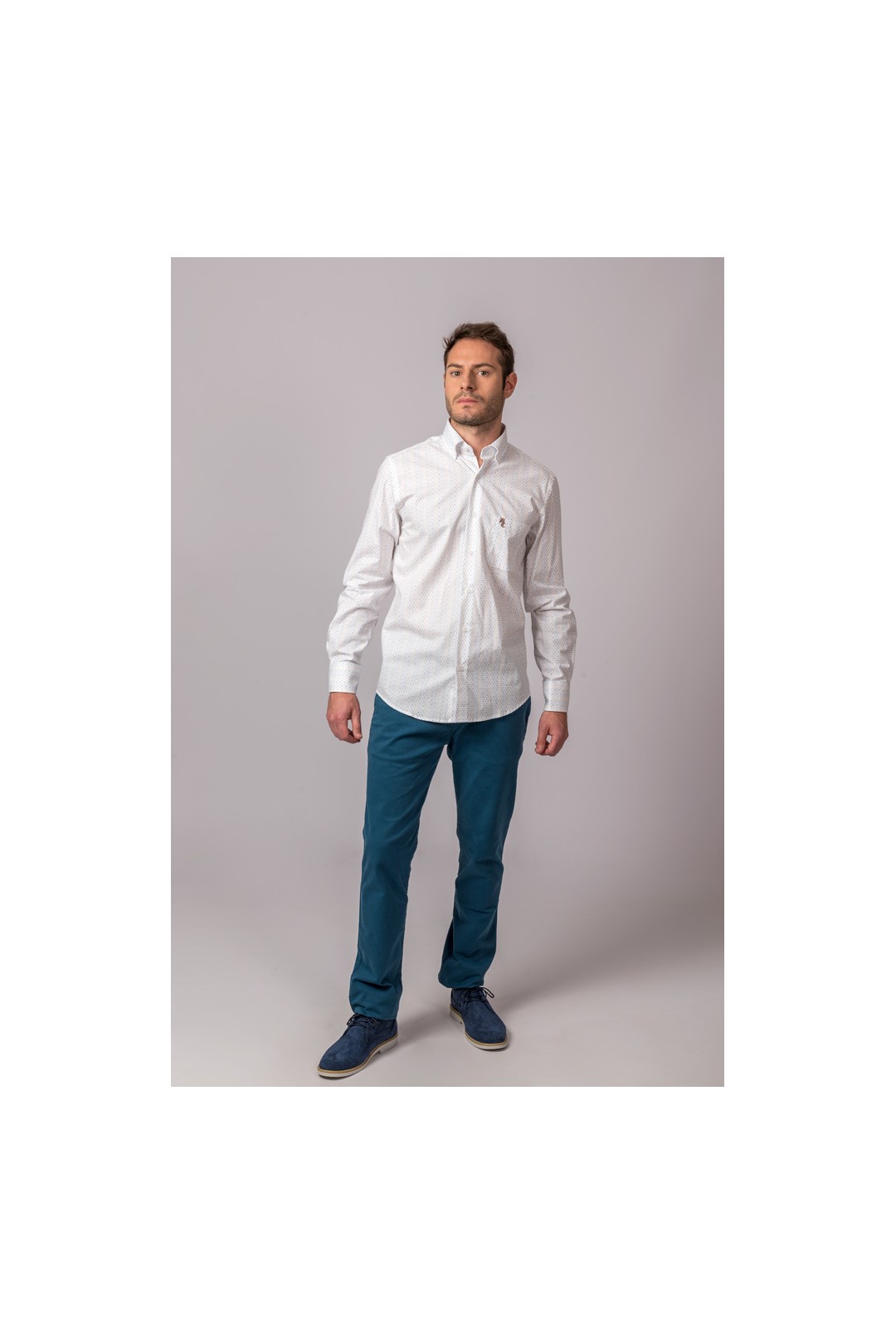 CAMISA PUNTOS BLANCO, AMARILLO, GRIS Y TURQUESA