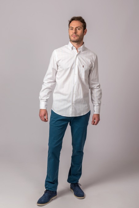 CHEMISE À POIS BLANCS, JAUNES, GRIS ET TURQUOISE