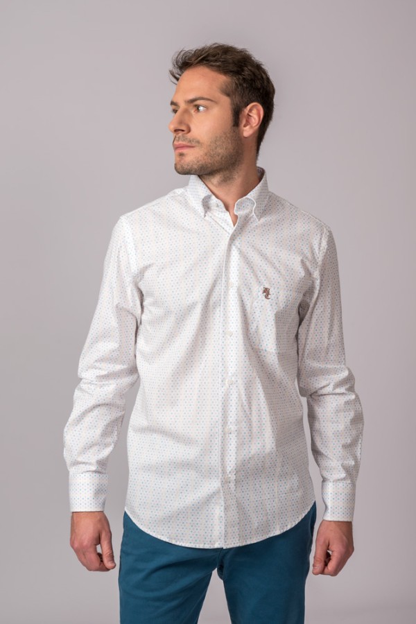 CAMISA PUNTOS BLANCO, AMARILLO, GRIS Y TURQUESA