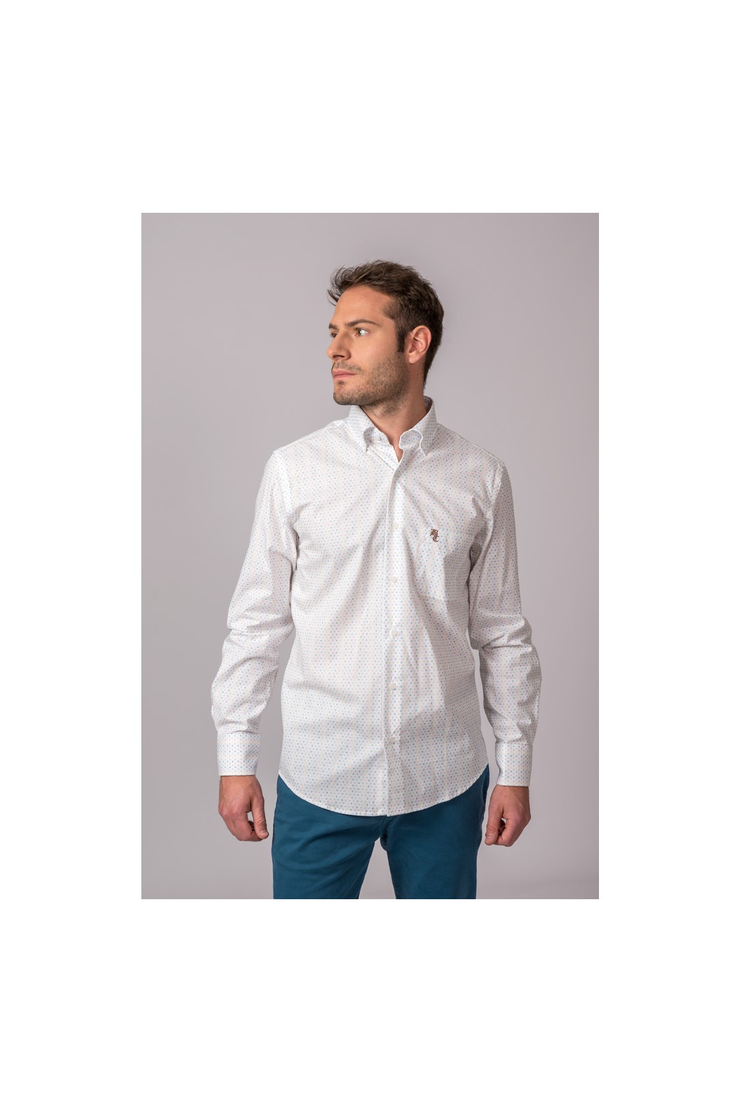CAMISA PUNTOS BLANCO, AMARILLO, GRIS Y TURQUESA