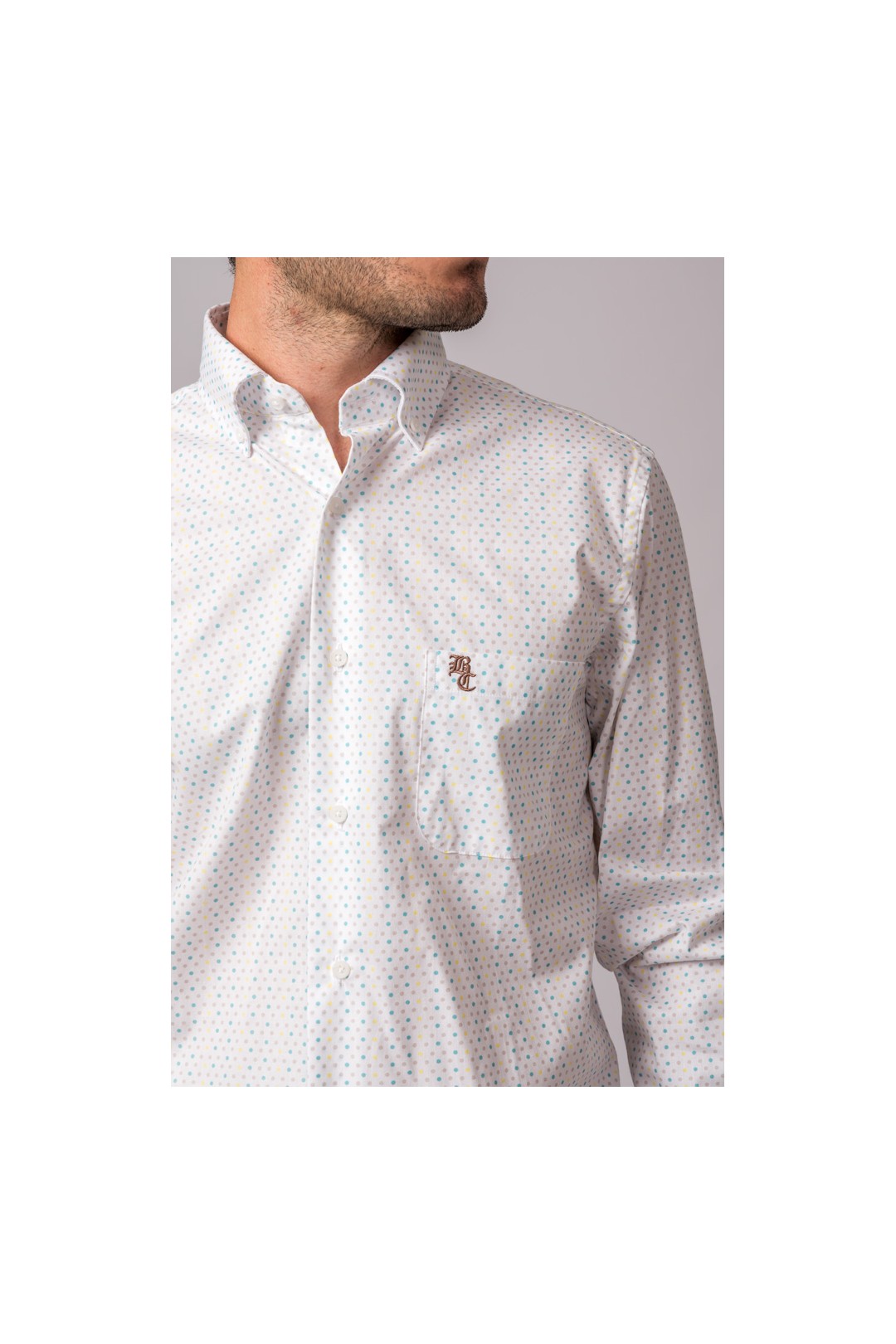 CAMISA PUNTOS BLANCO, AMARILLO, GRIS Y TURQUESA
