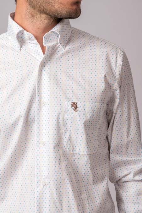CAMISA PUNTOS BLANCO, AMARILLO, GRIS Y TURQUESA