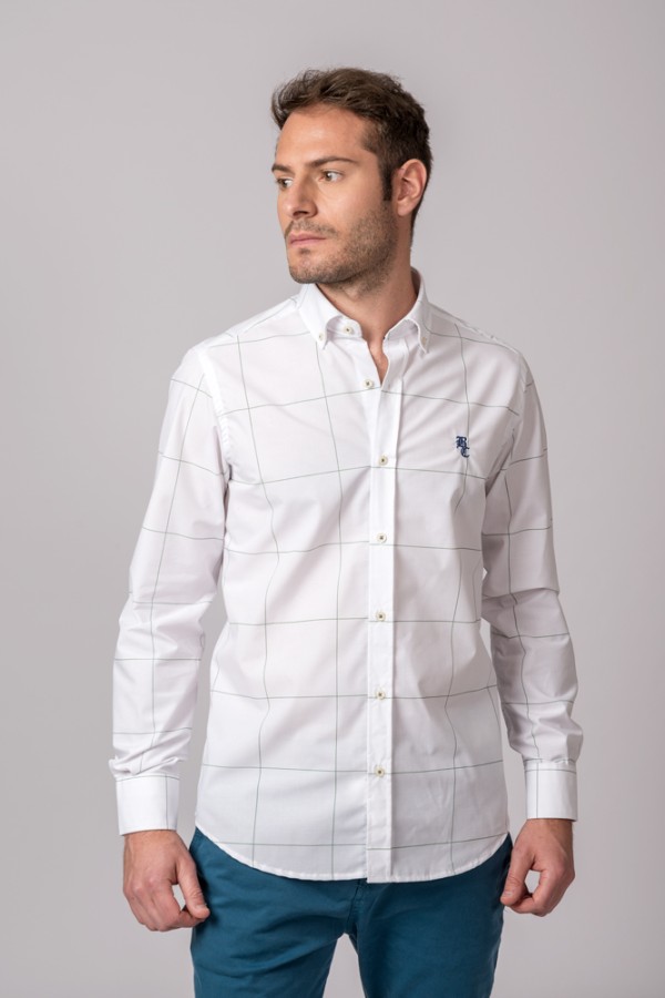 CAMISA BLANCA CUADRO FINO VERDE 2