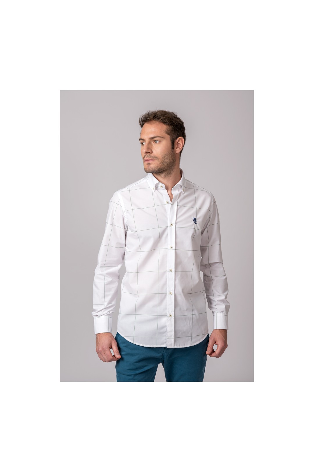 CHEMISE BLANCHE CARREAUX FINS VERTS