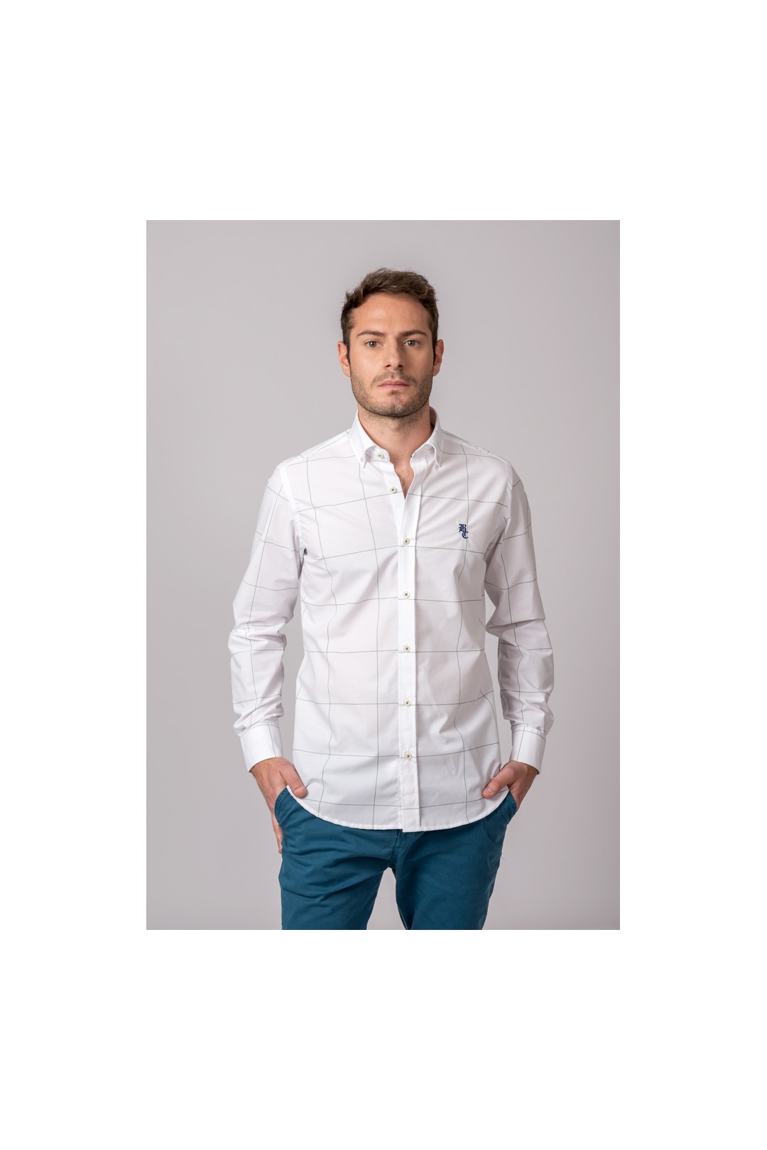 CAMISA BLANCA CUADRO FINO VERDE
