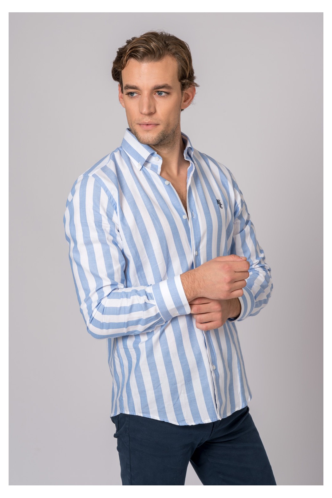 CAMISA RAYAS CELESTE Y BLANCO
