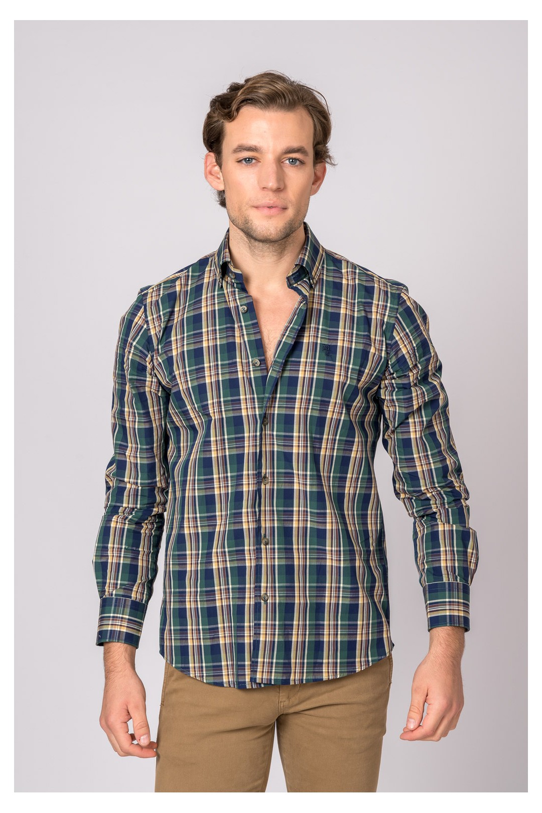 CAMISA A CUADROS VERDE, MARRÓN Y MARINO