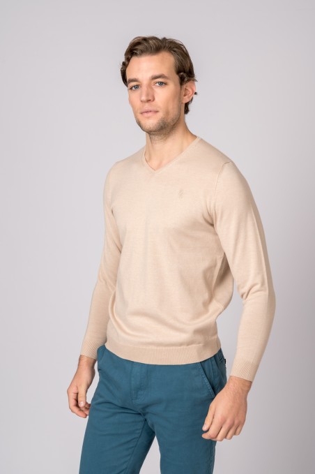 PULL-OVER BEIGE À COL EN V