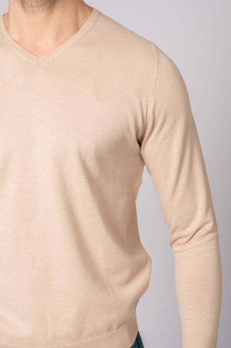 PULL-OVER BEIGE À COL EN V