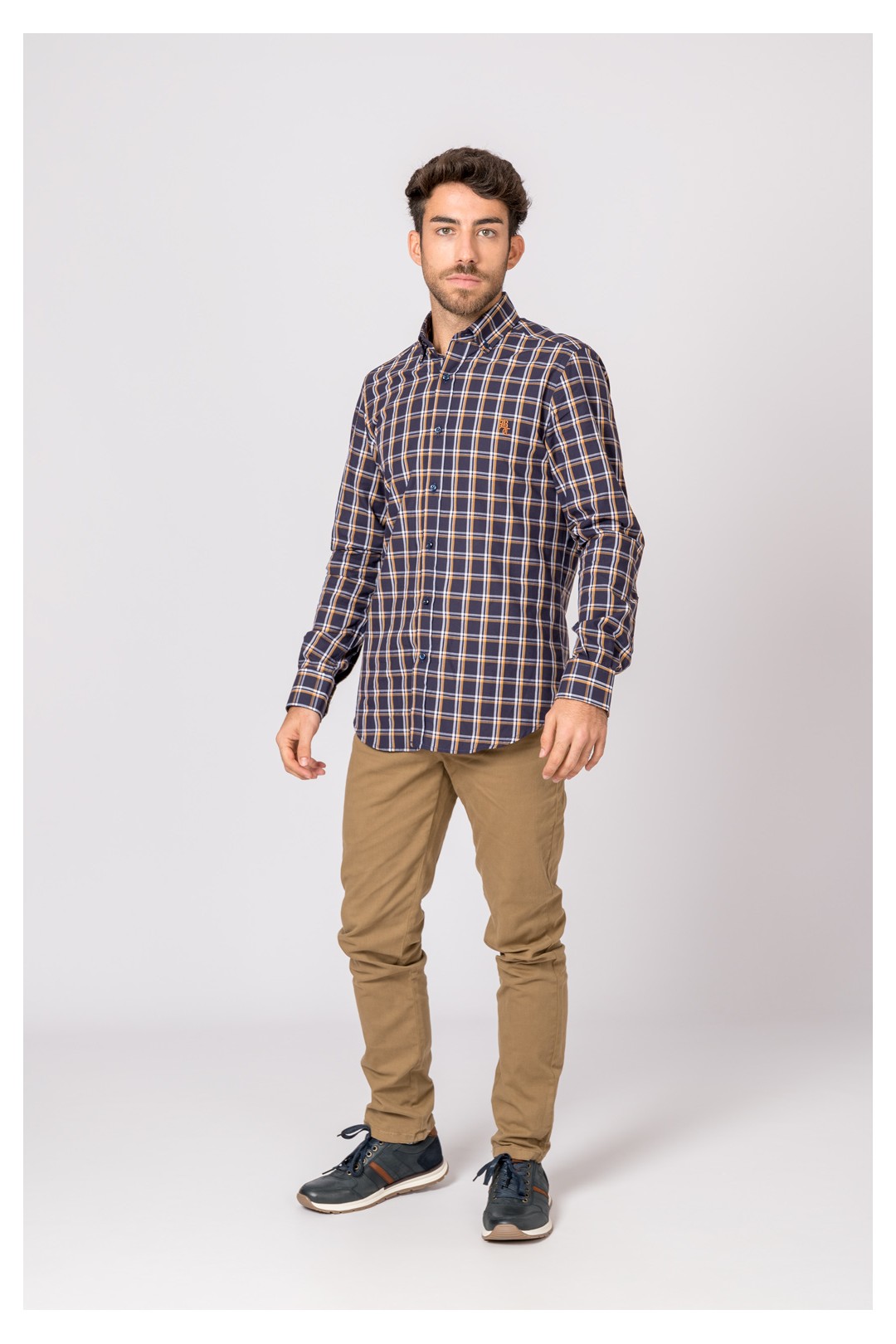 CHEMISE À CARREAUX MARINE ET ORANGE