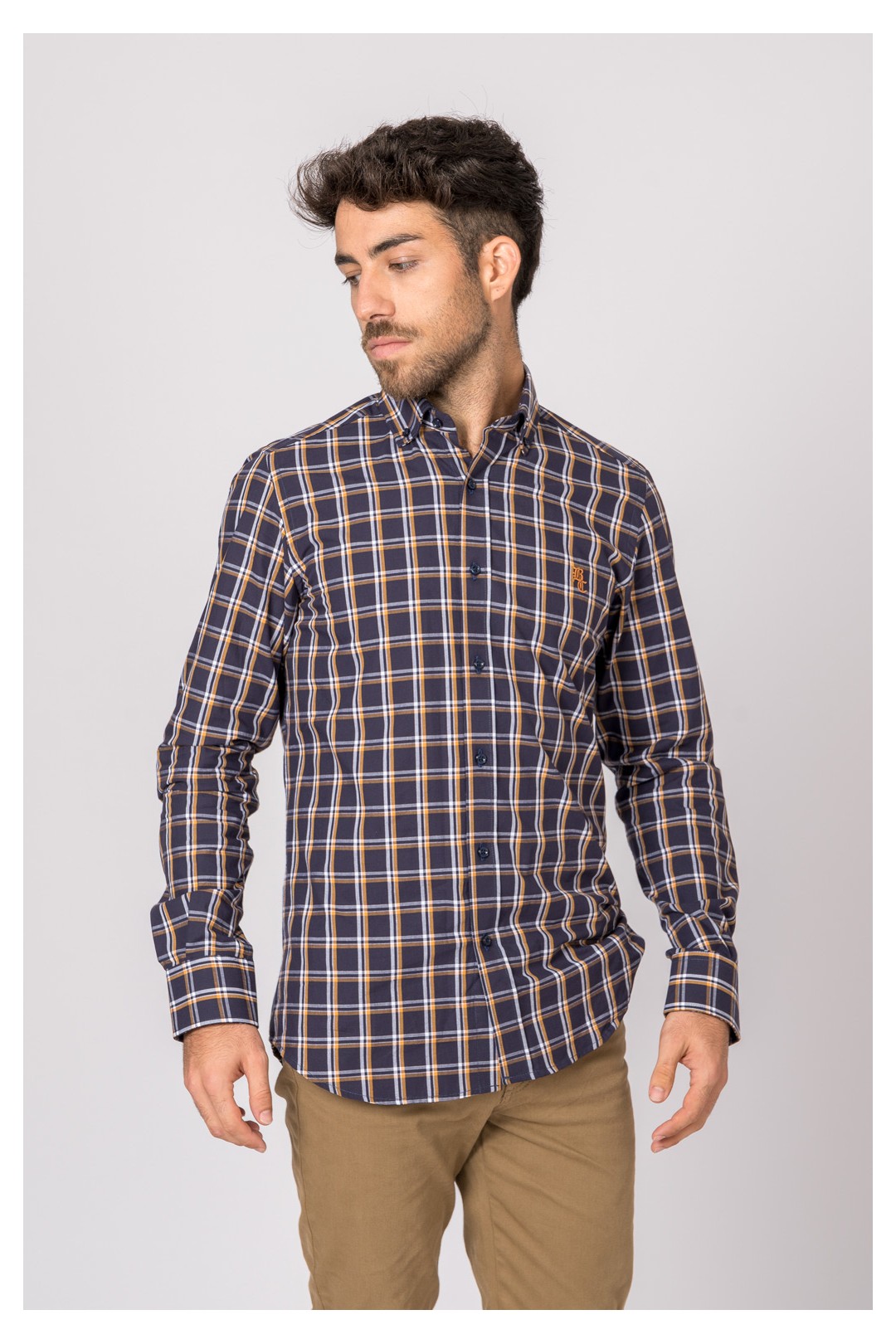 CAMISA CUADROS MARINO Y NARANJA