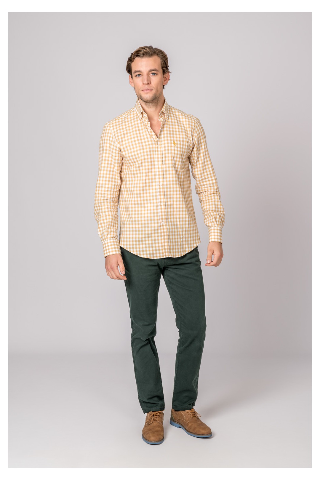 CAMISA CUADROS MOSTAZA Y BLANCO