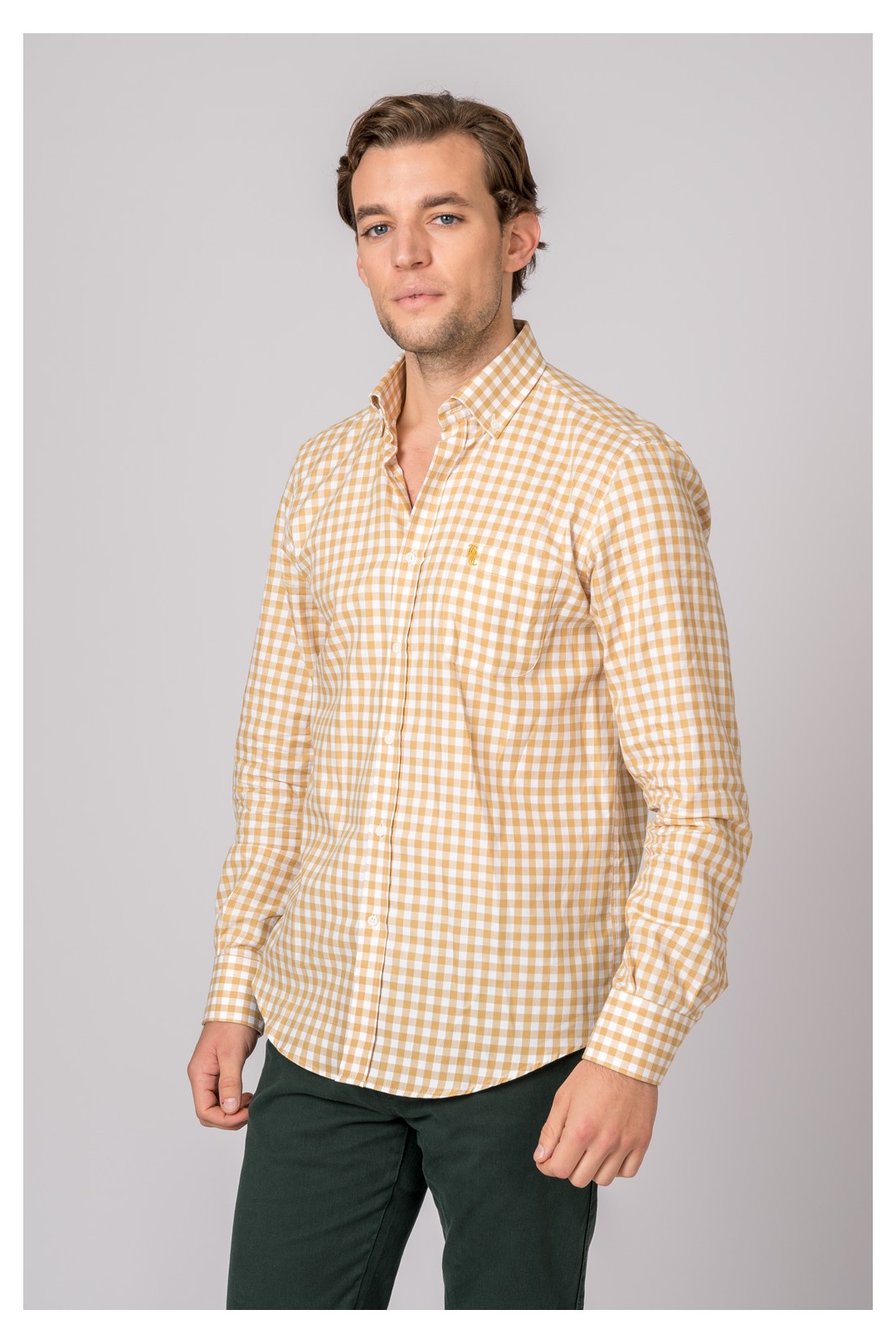 CAMISA CUADROS MOSTAZA Y BLANCO