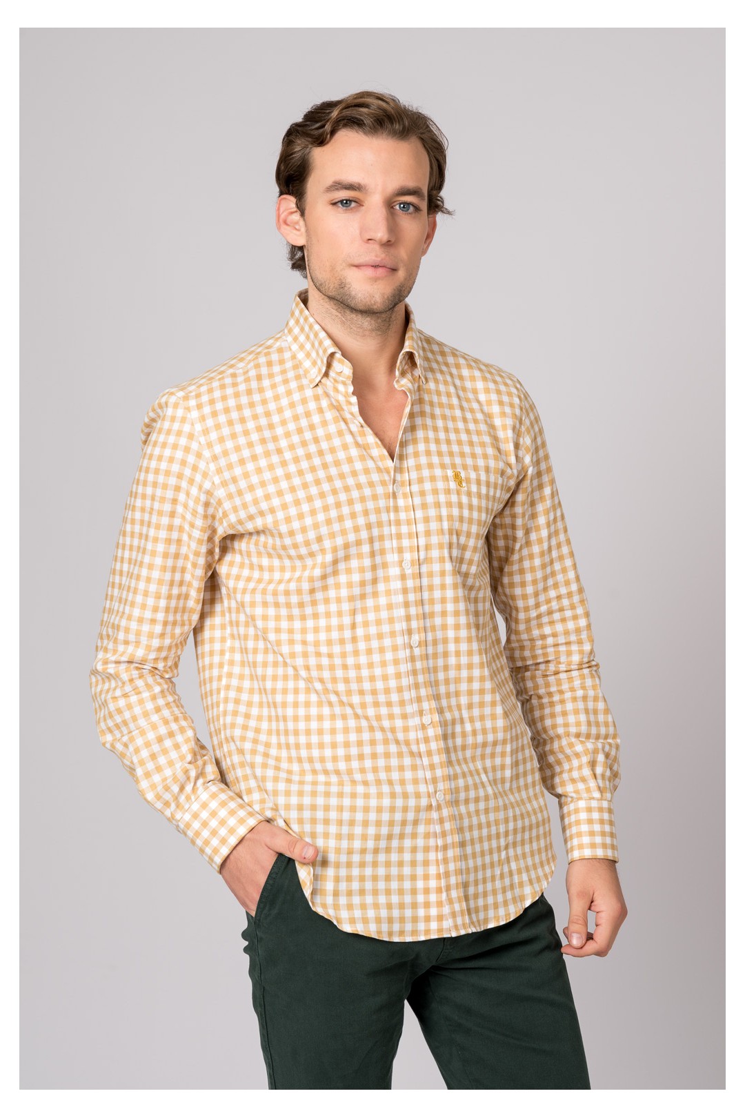 CAMISA CUADROS MOSTAZA Y BLANCO