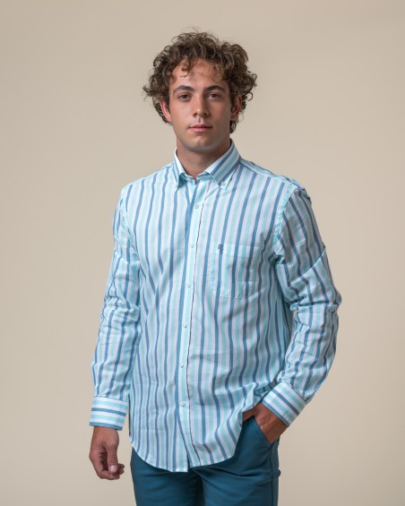 WHITE, AQUA GREEN AND BLUE STRIPED SHIRT