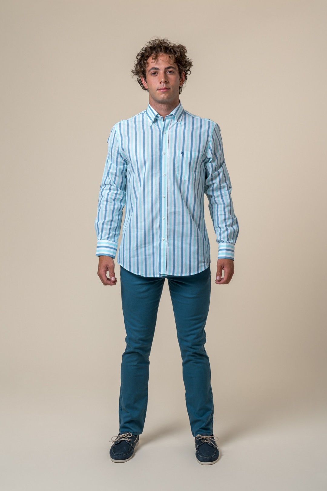 CAMICIA A RIGHE BIANCHE, VERDE ACQUA E BLU