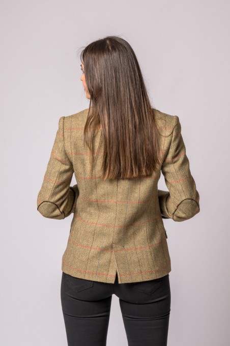 CASACO DE LÃ EM ESPINHA DE PEIXE COM RISCAS COR-DE-ROSA E AZUIS