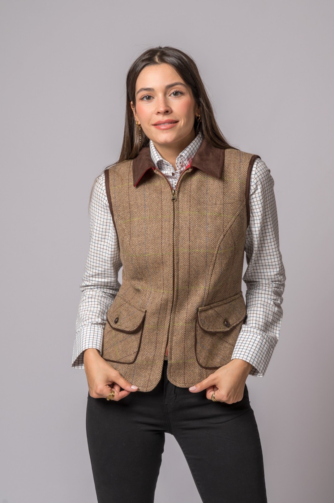 GILET IN LANA A SPINA DI PESCE A RIGHE VERDI E BLU
